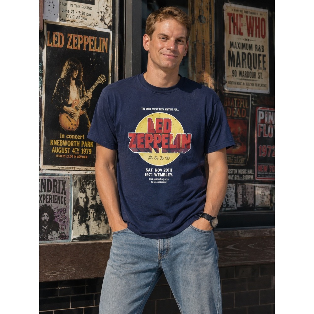 Led Zeppelin Mens Navy Blue 1971 Wembley Concert Graphic T-Shirt XL 100% Cotton